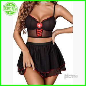 Sexy Maid Cosplay Lingerie Set 3-Piece Mesh Slim Fit Adjustable
